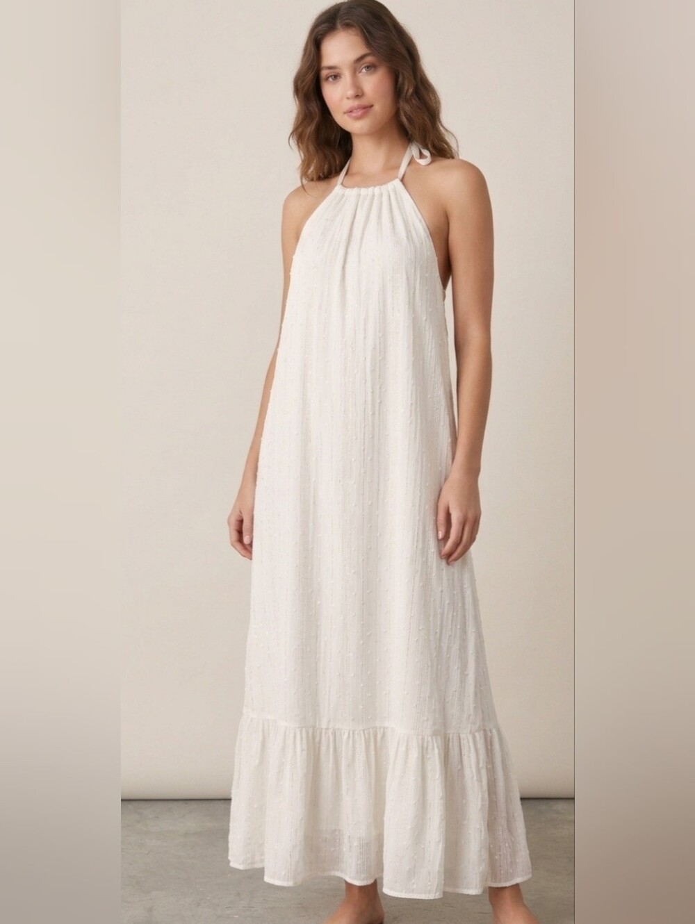 Lulu's Cream Halter Ruffle Maxi Dress